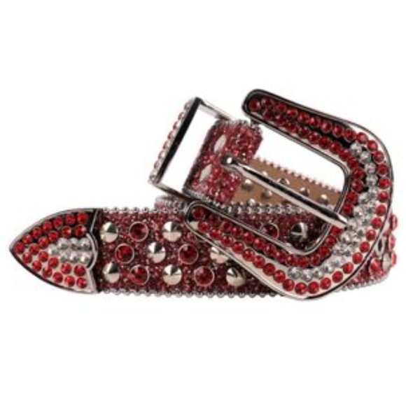 Rhinestone Belt - SUN034 - Red Glitter Belt with Red Rhinestones & Silver Spikes - Picture 3 of 4